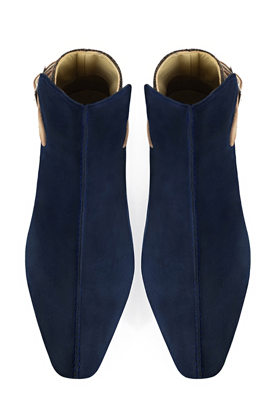 Midnight blue, dark brown and tan beige women's ankle boots with buckles at the back. Square toe. Flat flare heels. Top view - Florence KOOIJMAN